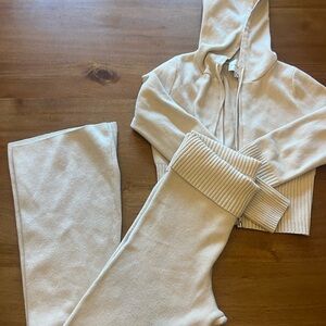 Pink Rose Beige Ribbed Hoodie Set Cream